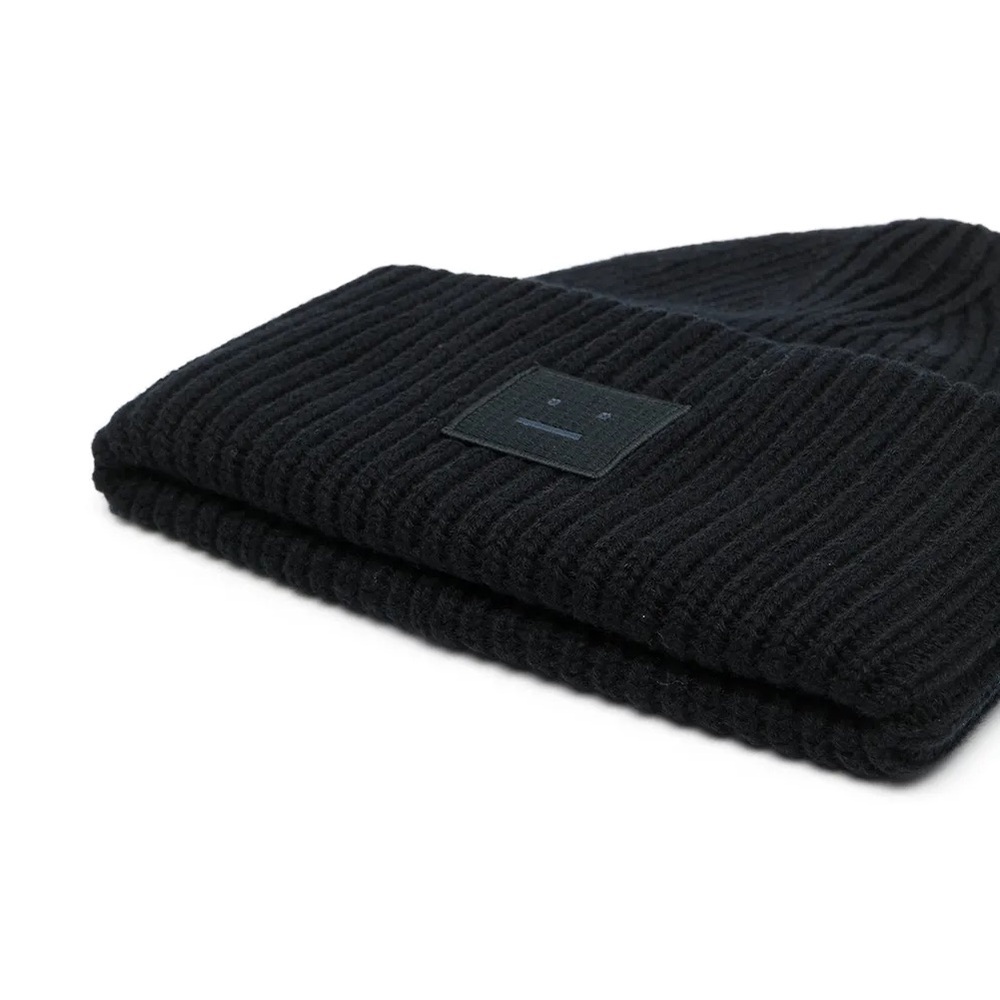 Acne Black Ribbed Knit Beanie with Subtle Face Patch - Picture 2 of 2